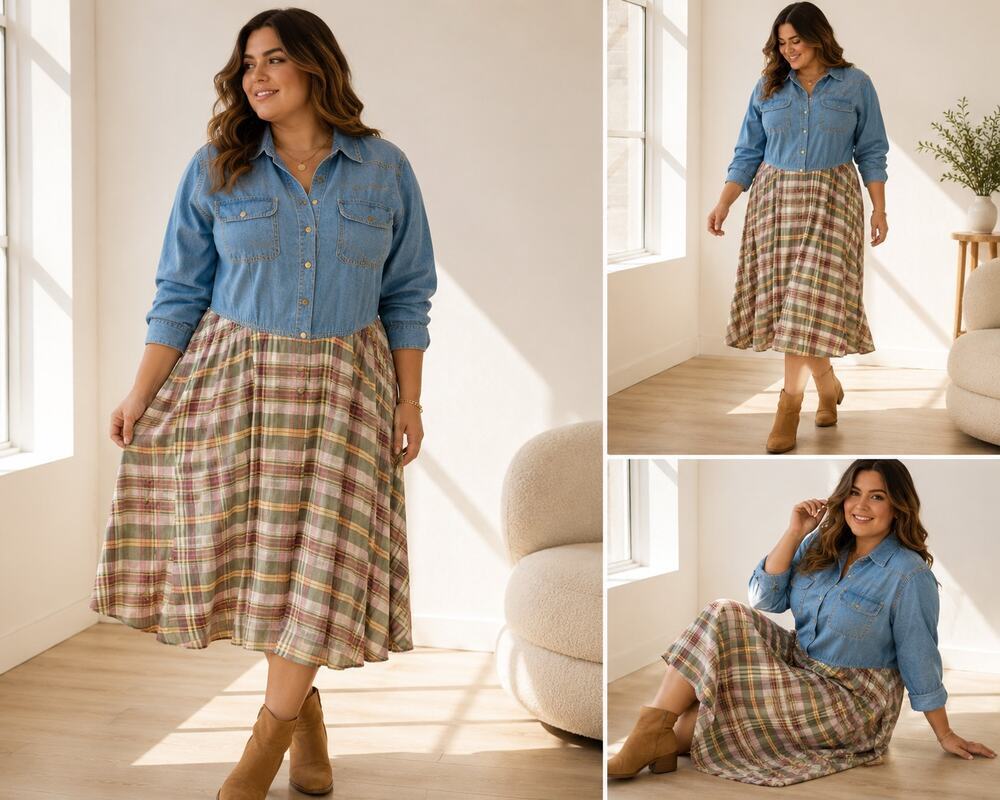 Vintage J.R.T. Denim Plaid Midi Dress Size 14 Western Cottagecore Prairie Button
